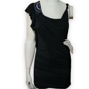 Kouture By Kimora Embellished Ruched Bodycon Black Shoulder Dress Womens Small S